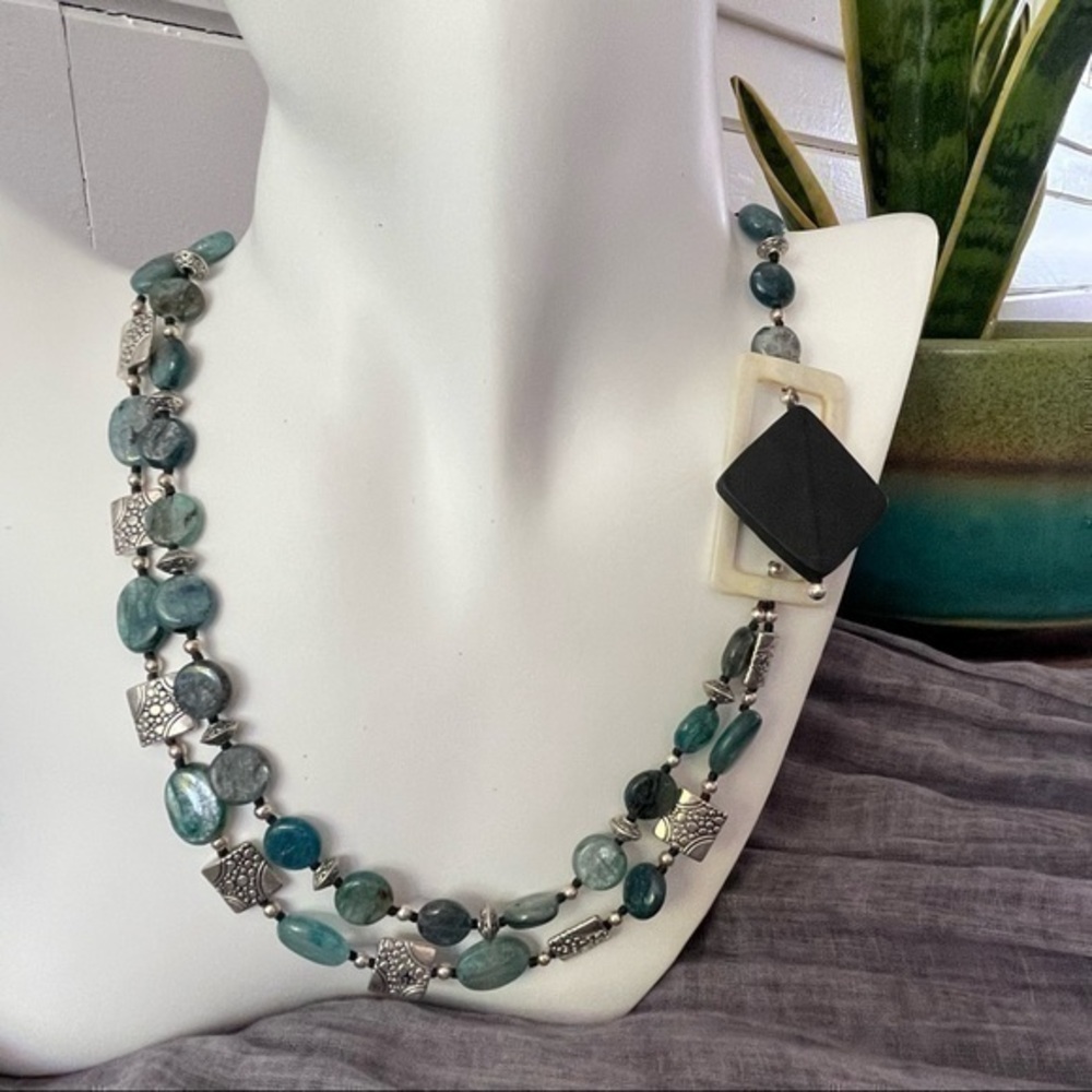 Handmade Blue Green Quartz Statement Necklace Boho Western Long Beaded